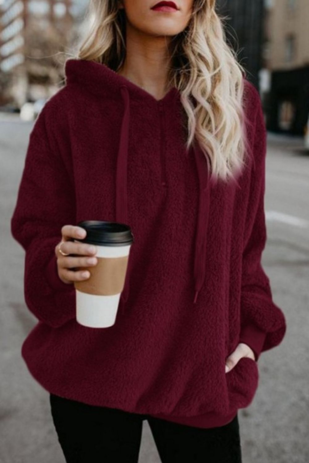 Full Size Quarter-Zip Drawstring Teddy Hoodie Burgundy