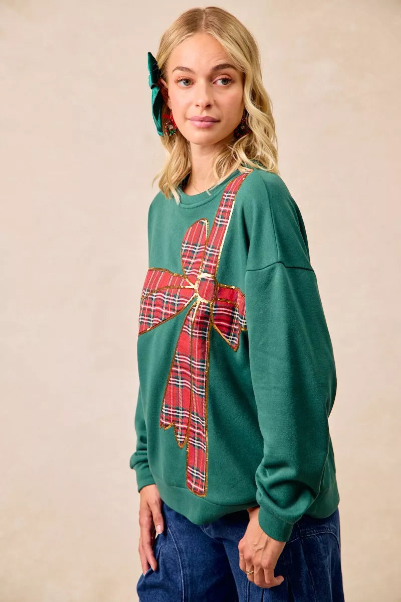 BiBi Plaid Ribbon Bow Detail Christmas Fleece Pullover