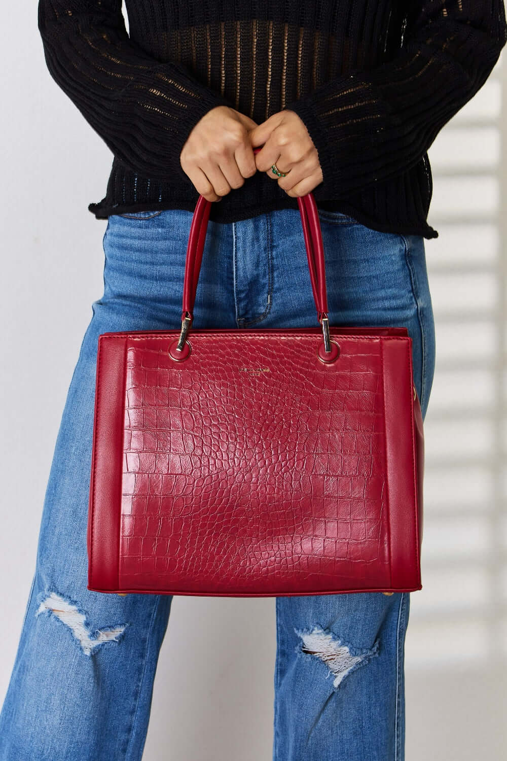 Textured PU Leather Handbag - Stylish &amp; Durable Choice DARK RED One Size