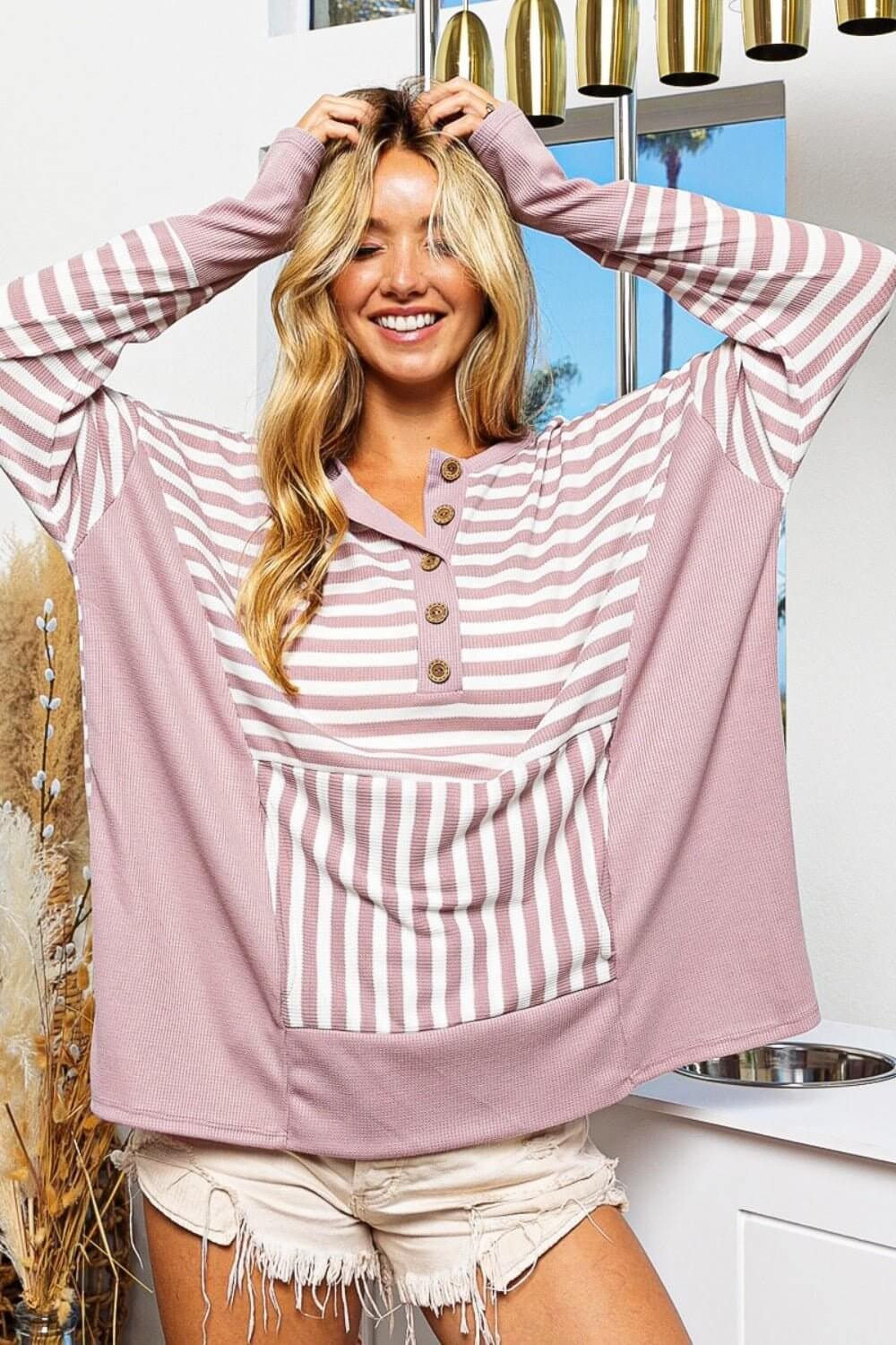 Trendy Tops: Bibi Striped Thumbhole Long Sleeve Top Mauve