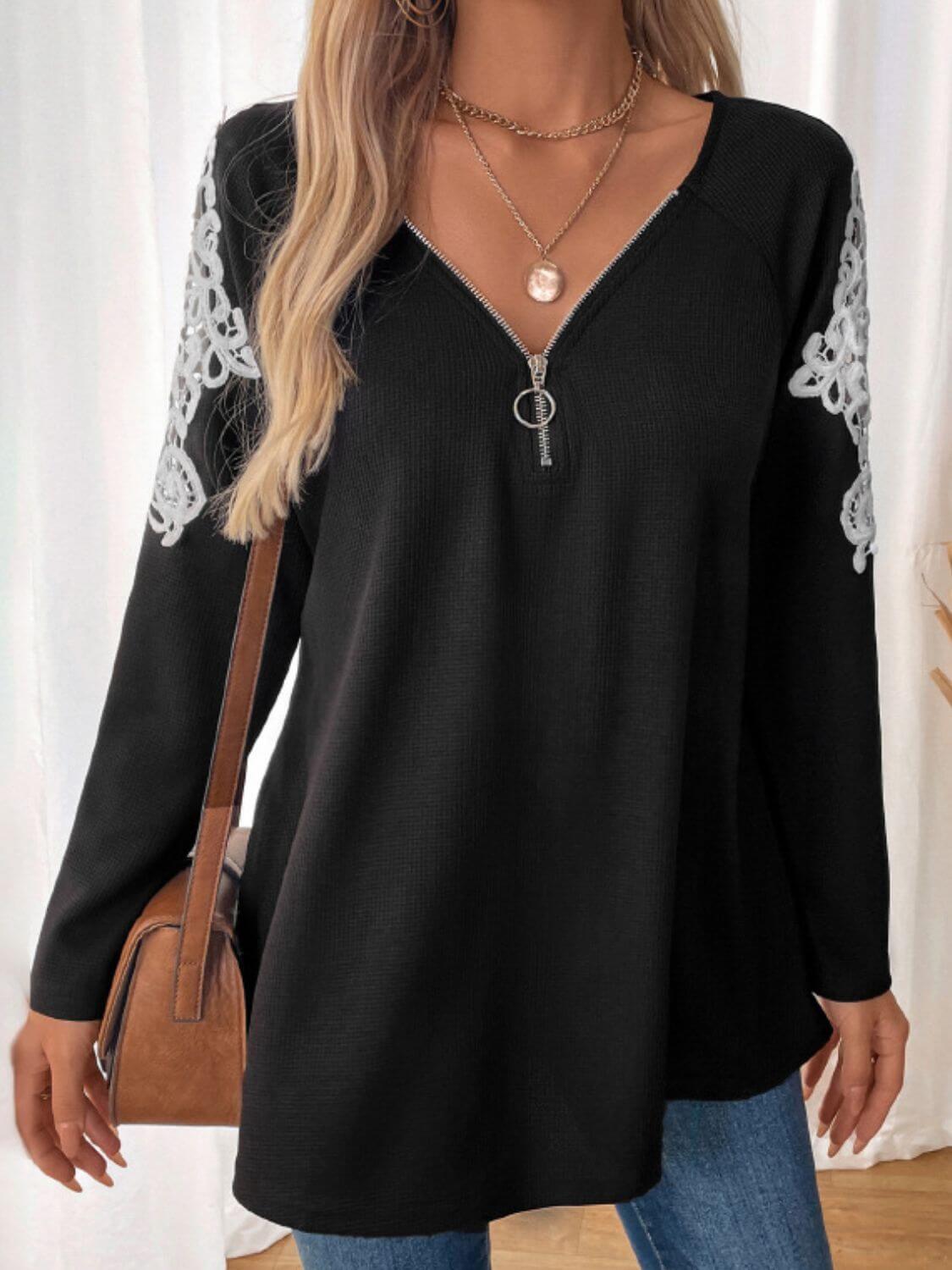 Perfee Lace Detail Quarter Zip Long Sleeve Top Black