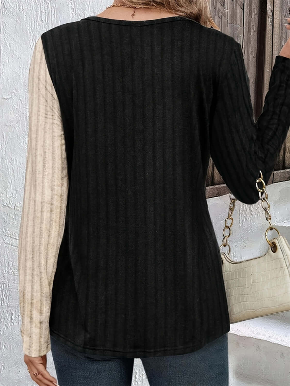 Decorative Button Contrast Round Neck Long Sleeve Tee