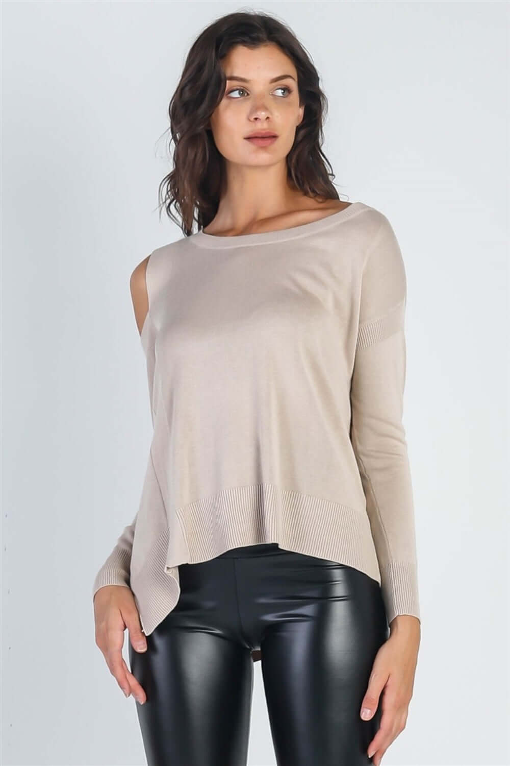 UNIQ Cold Shoulder Long Sleeve Knit Top Beige