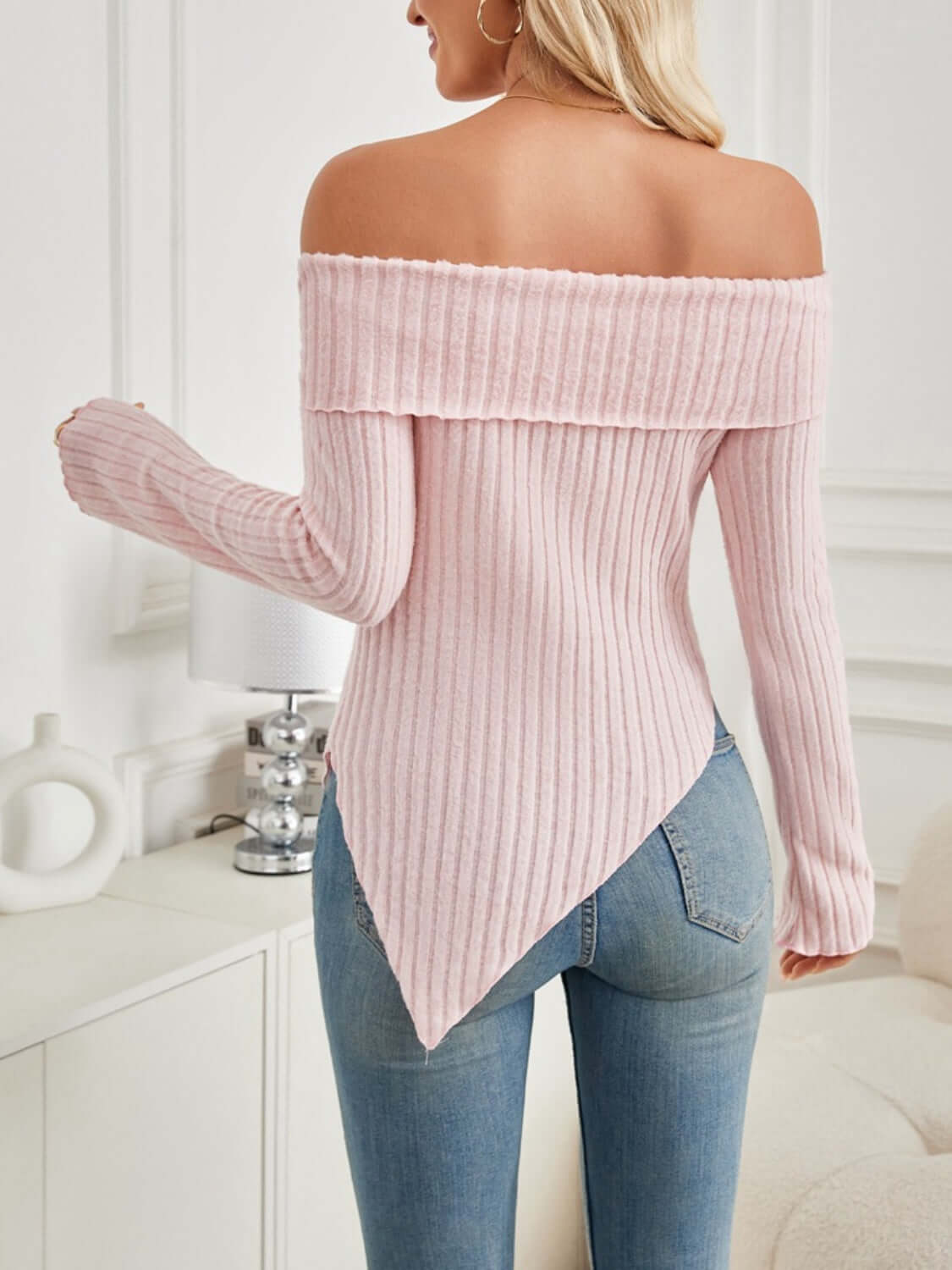 Ribbed Asymmetrical Hem Off-Shoulder Long Sleeve Tee