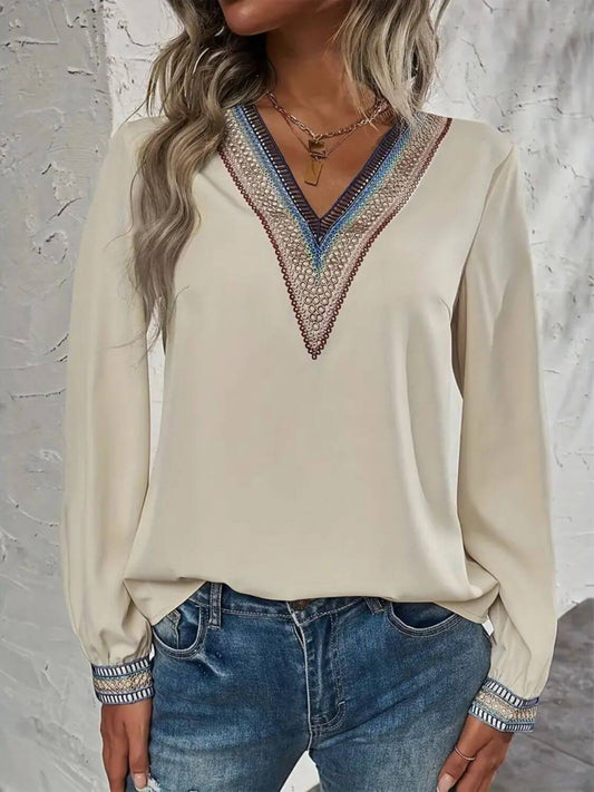 Contrast V-Neck Long Sleeve Blouse Beige