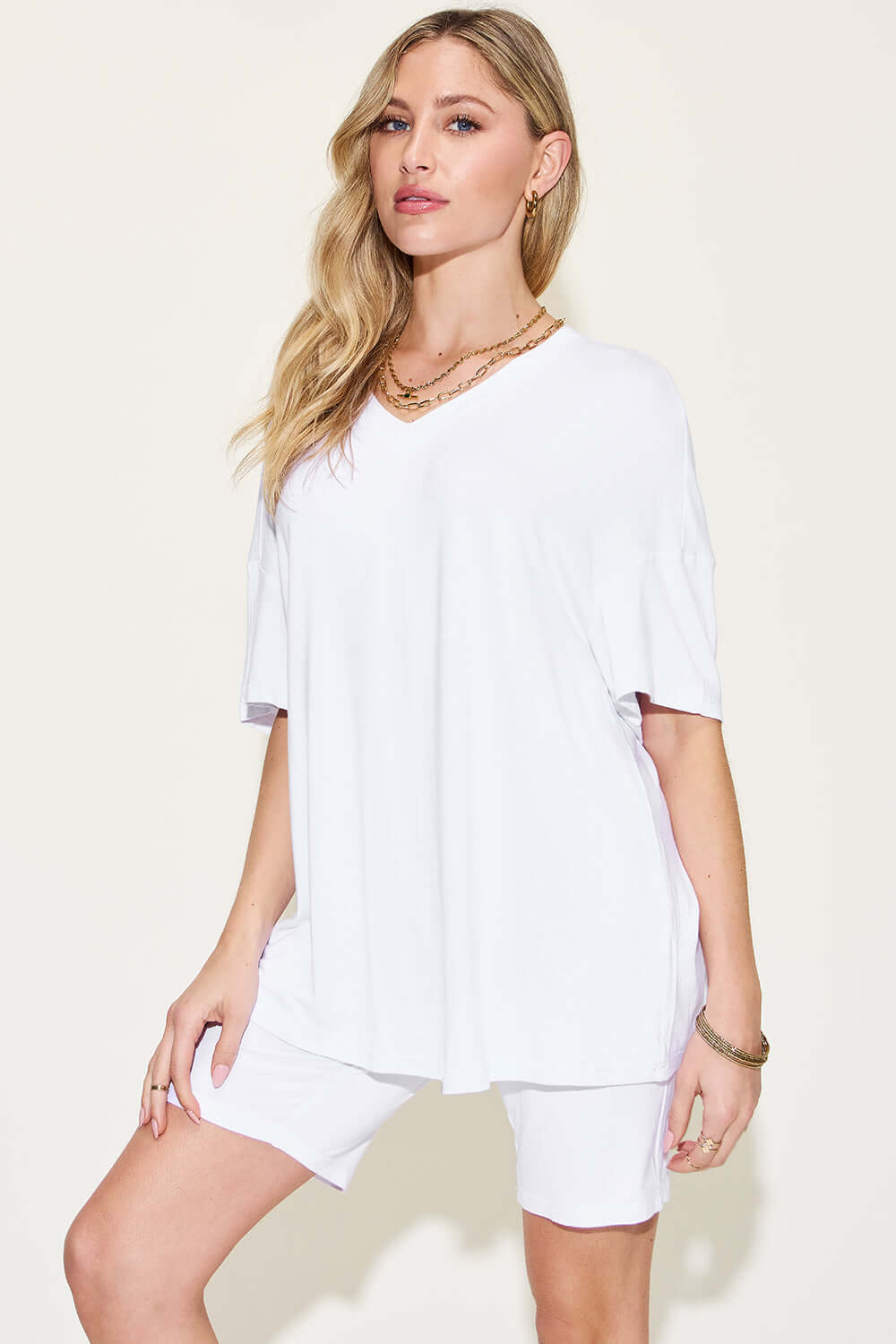 Full Size V-Neck Drop Shoulder T-Shirt and Shorts Set White