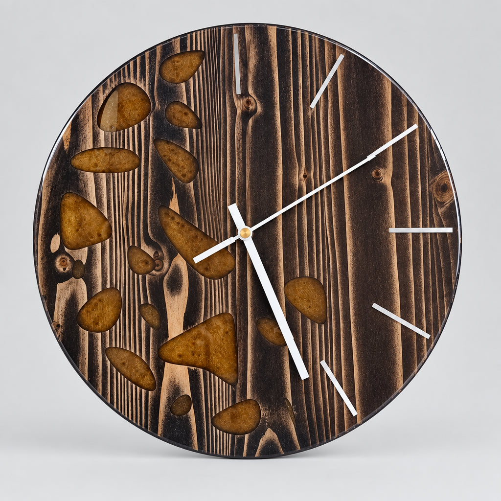 Handcrafted 13" Wooden Wall Clock with Epoxy Inlays