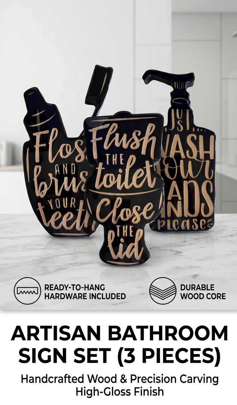 Handcrafted 3-Piece Bathroom Wood &amp; Epoxy Wall Signs Set