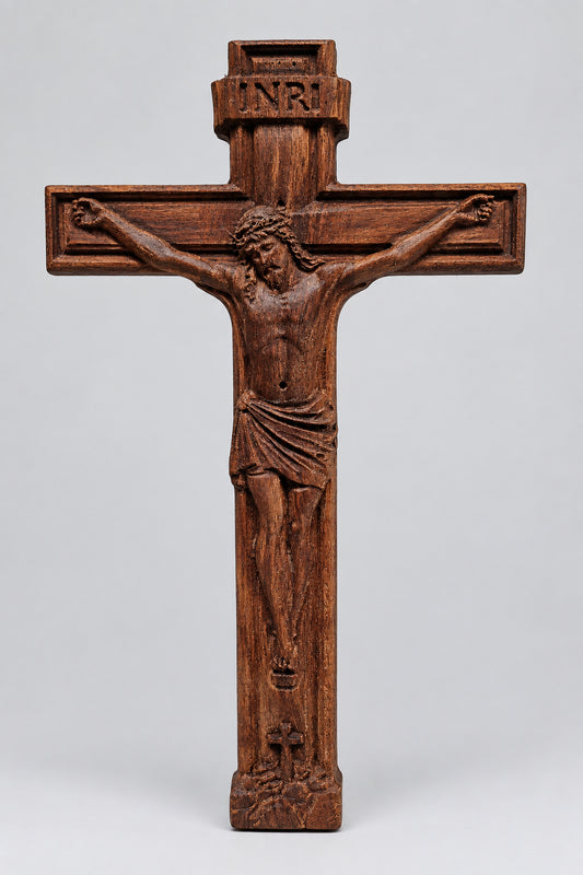 Handcrafted Carved Walnut Crucifix Wall Art (10.5" x 6")