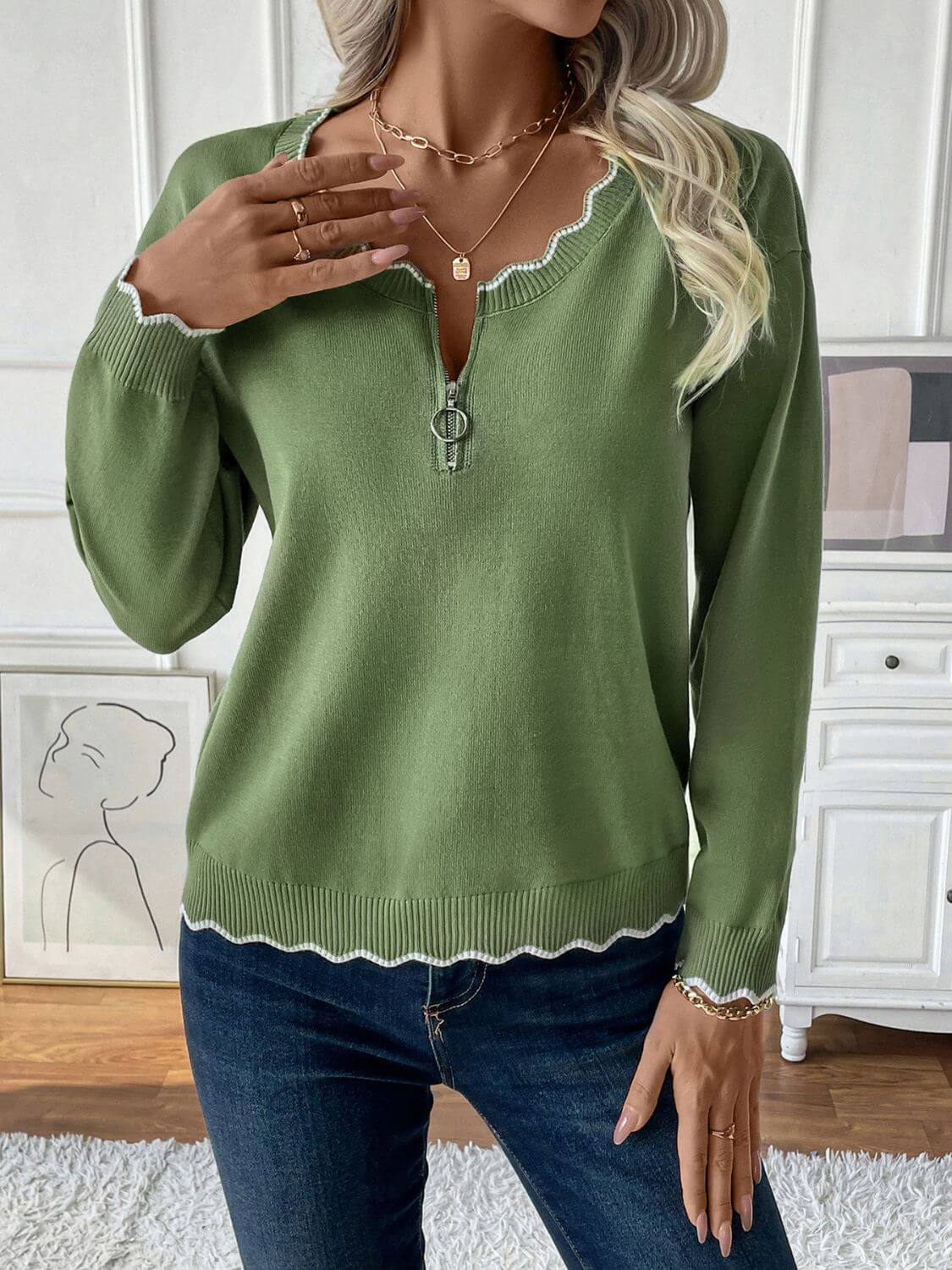 Contrast Trim Quarter Zip Long Sleeve Knit Top Lime