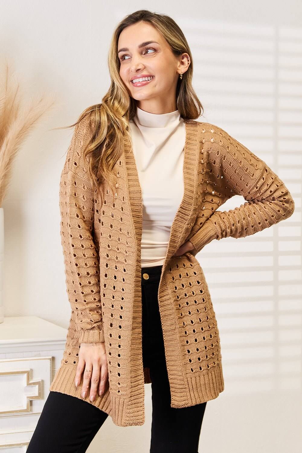 Casual Chic Right Openwork Horizontal Ribbing Cardigan Caramel