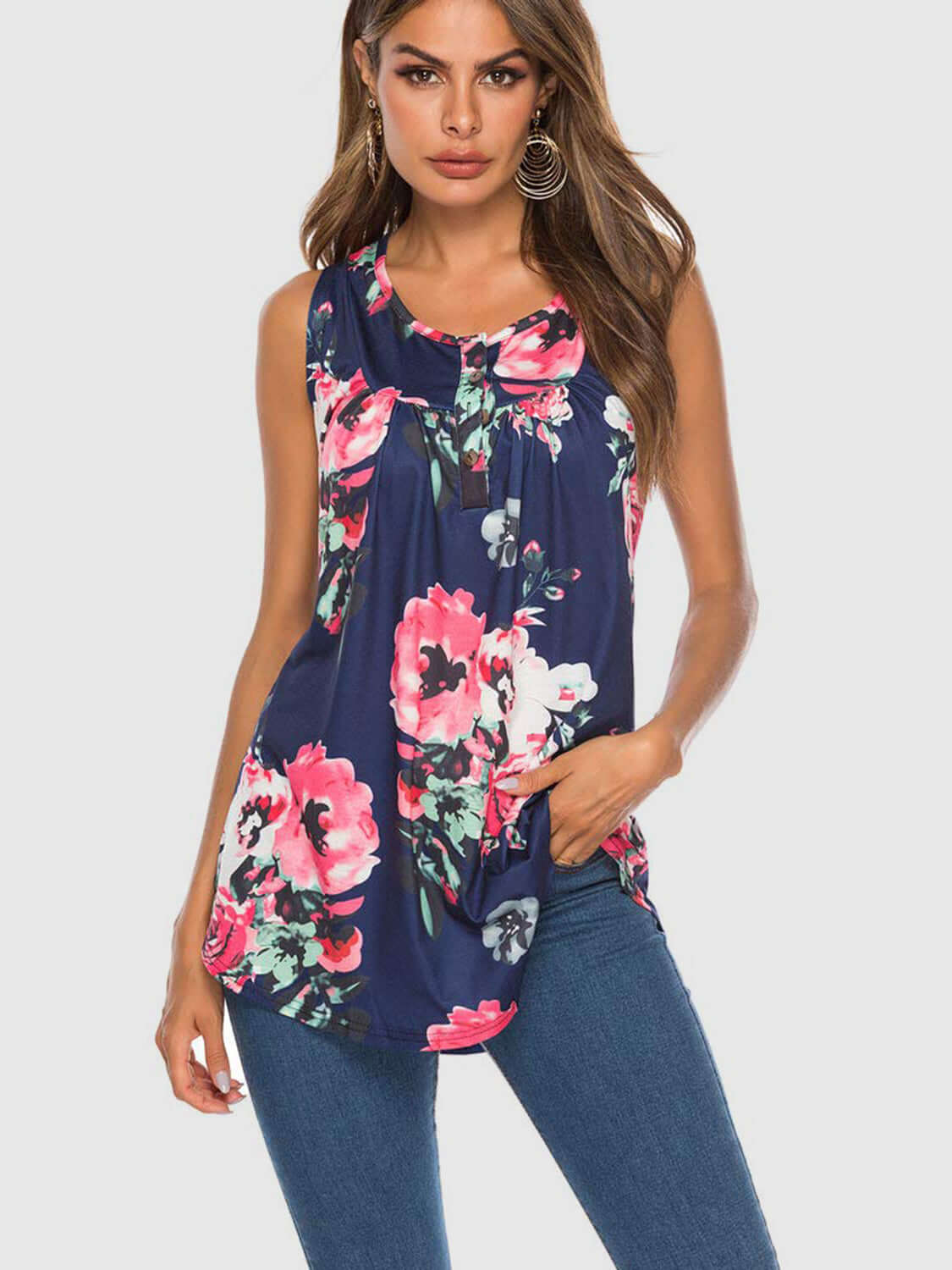 Flower Printed Round Neck Tank Dark Blue