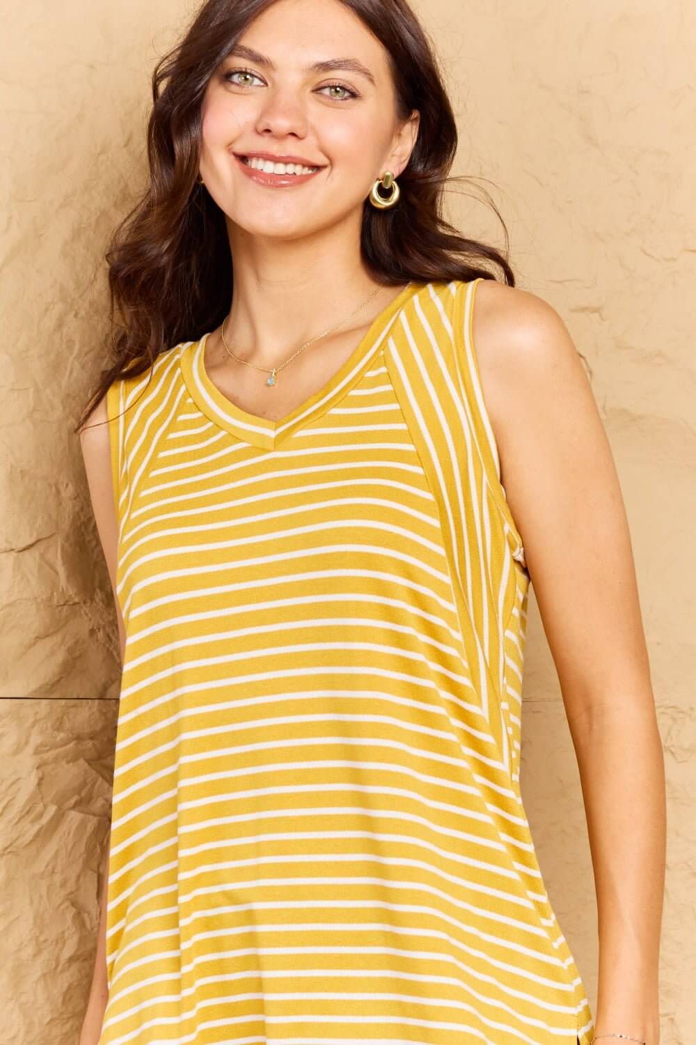 Stylish Doublju Striped Sleeveless V-Neck Top