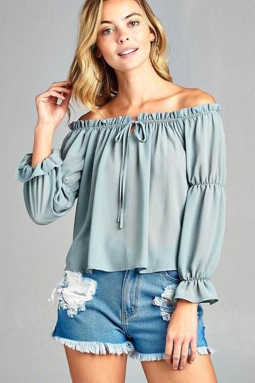 Women's Puff Long Sleeve Ruffled Front Tie Off Shoulder Top Sage 4