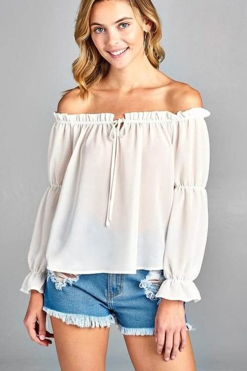 Women's Puff Long Sleeve Ruffled Front Tie Off Shoulder Top White