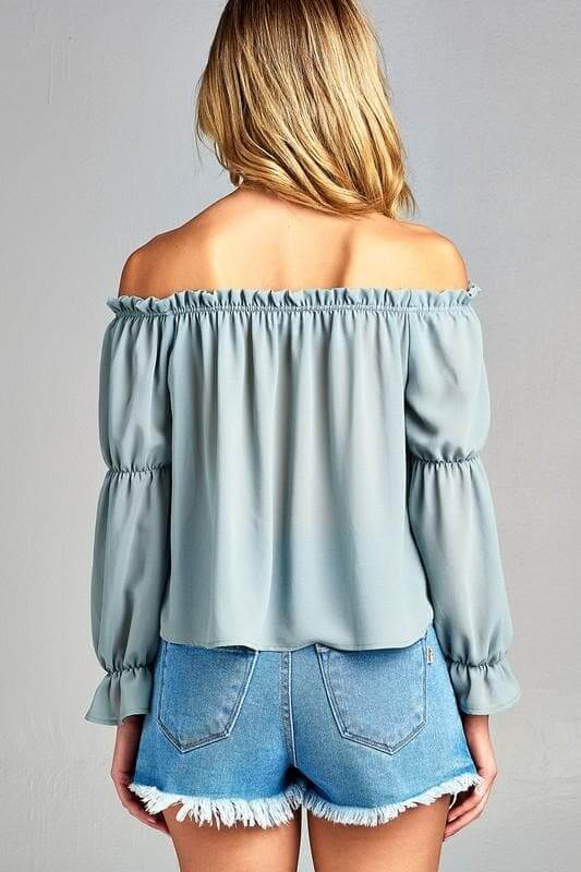 Women's Puff Long Sleeve Ruffled Front Tie Off Shoulder Top