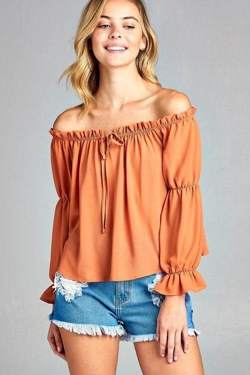 Women's Puff Long Sleeve Ruffled Front Tie Off Shoulder Top Apricot