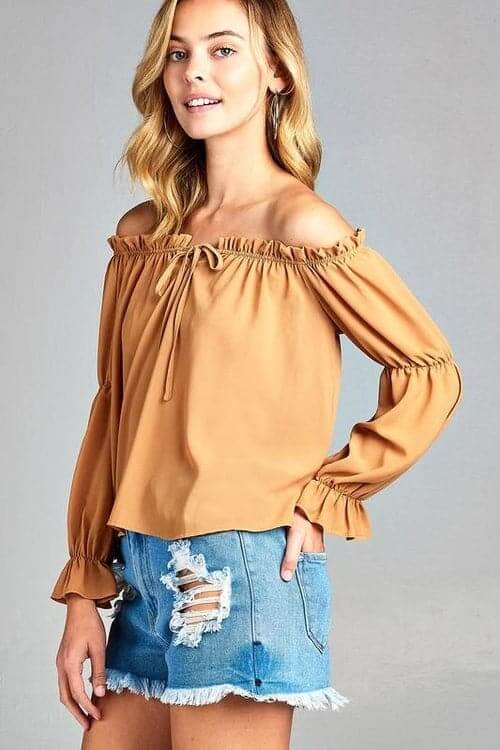 Women's Puff Long Sleeve Ruffled Front Tie Off Shoulder Top Golden Yellow