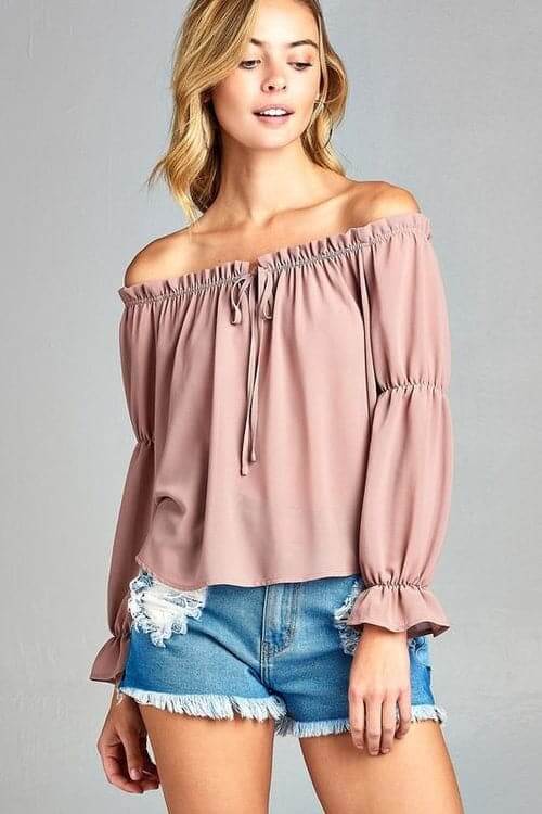 Women's Puff Long Sleeve Ruffled Front Tie Off Shoulder Top Mauve