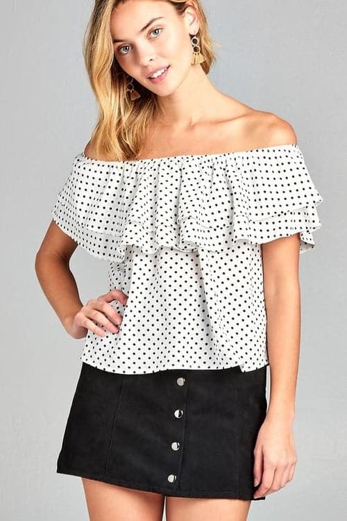 Women's Double Ruffle Off Shoulder Polka Dot Top White