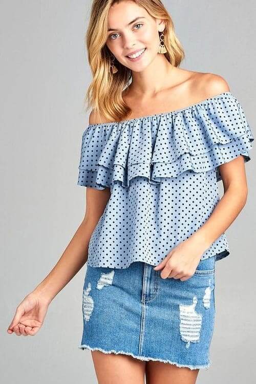 Women's Double Ruffle Off Shoulder Polka Dot Top Blue 5