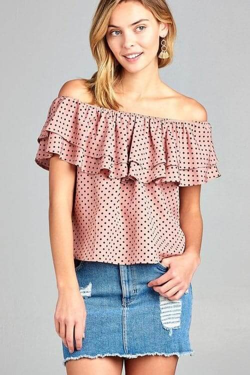 Women's Double Ruffle Off Shoulder Polka Dot Top Mauve