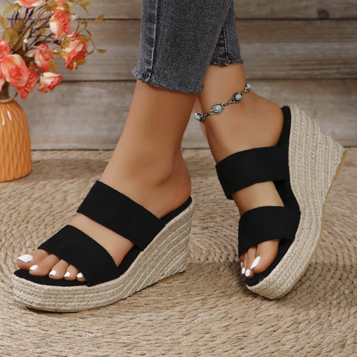 Open Toe Platform Wedge Sandals Black