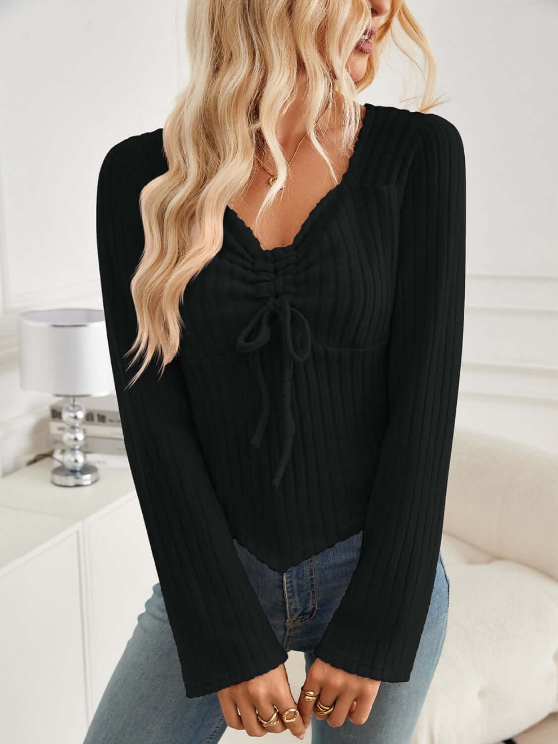 Ribbed Drawstring Long Sleeve T-Shirt