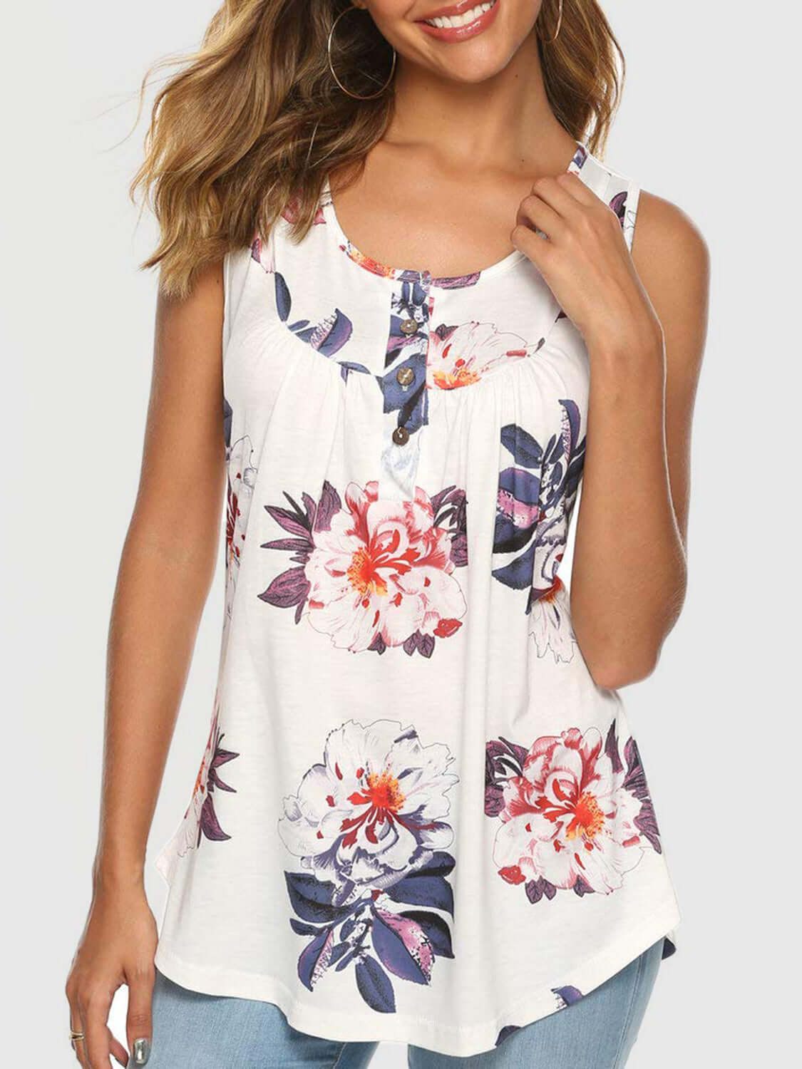 Flower Printed Round Neck Tank White