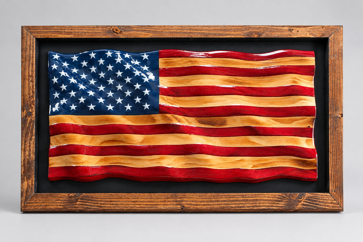 Handcrafted 3D Wavy American Flag Wooden Wall Art