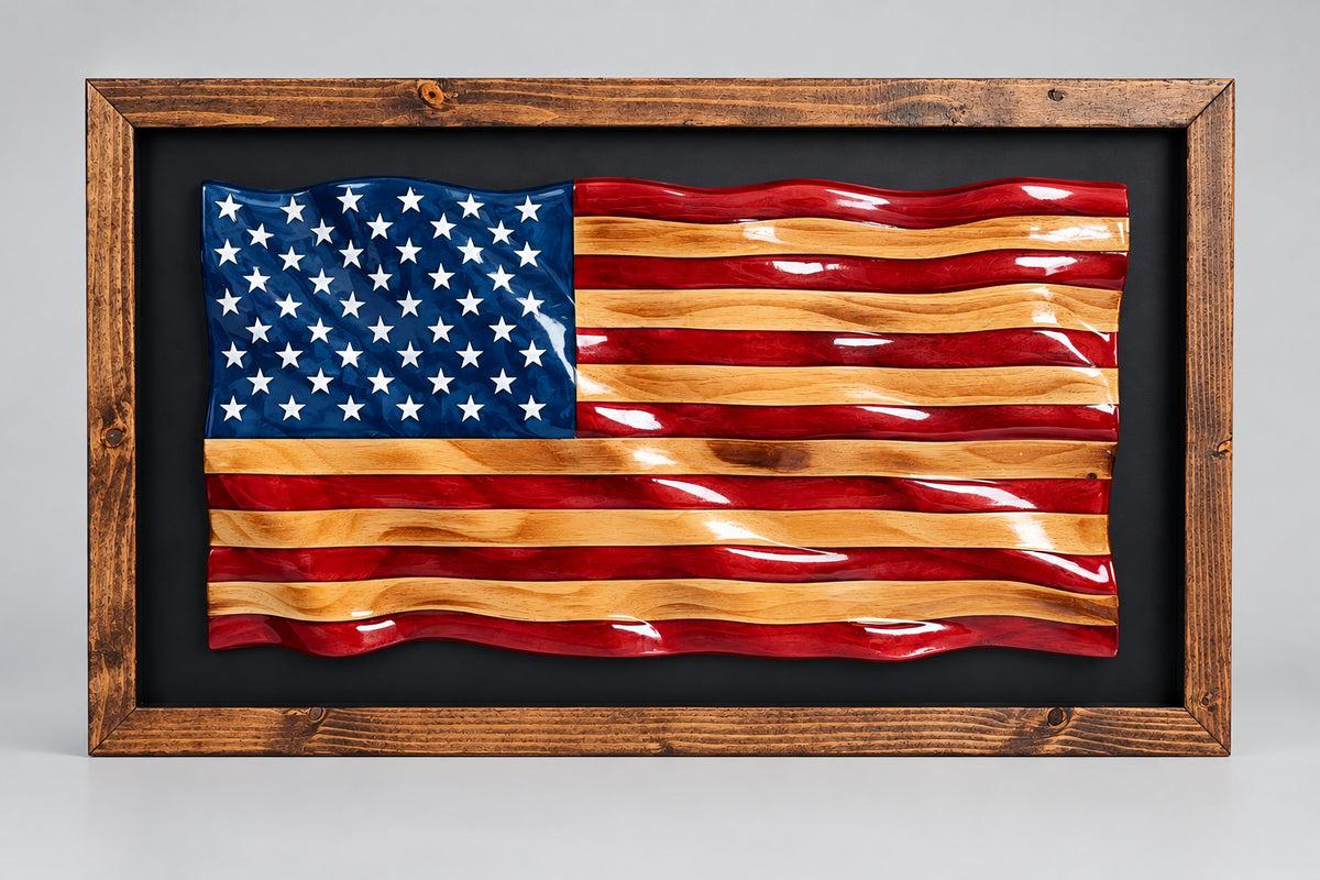 Handcrafted 3D Wavy American Flag Wooden Wall Art