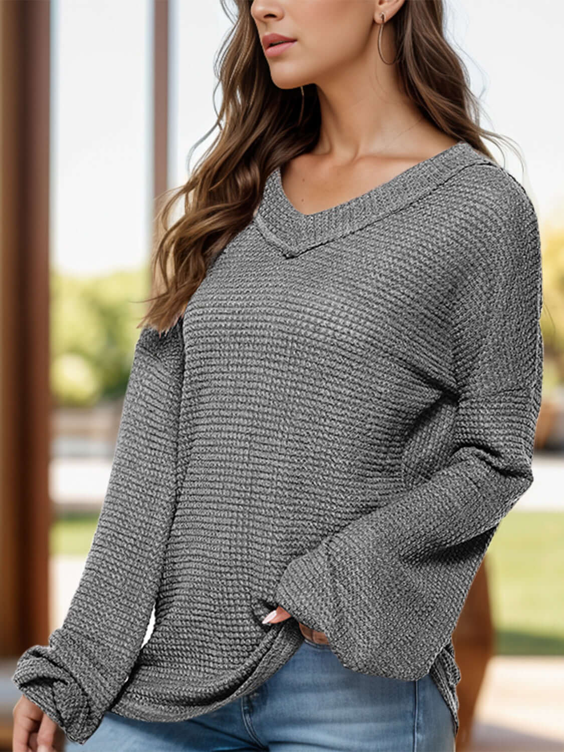 Dropped Shoulder Long Sleeve Knit Top Dark Gray