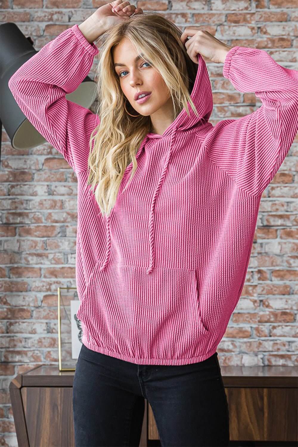 Heimish Ribbed Long Sleeve Hoodie with Kangaroo Pocket Hot Pink