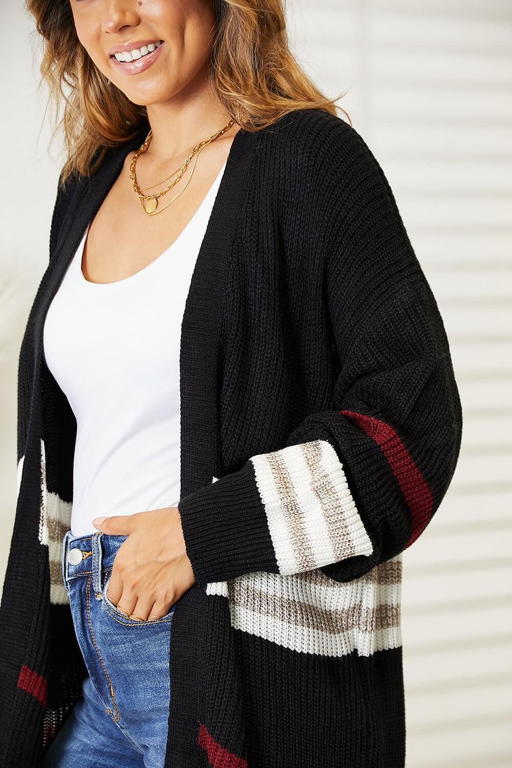 Striped Rib-Knit Drop Shoulder Cardigan for Women