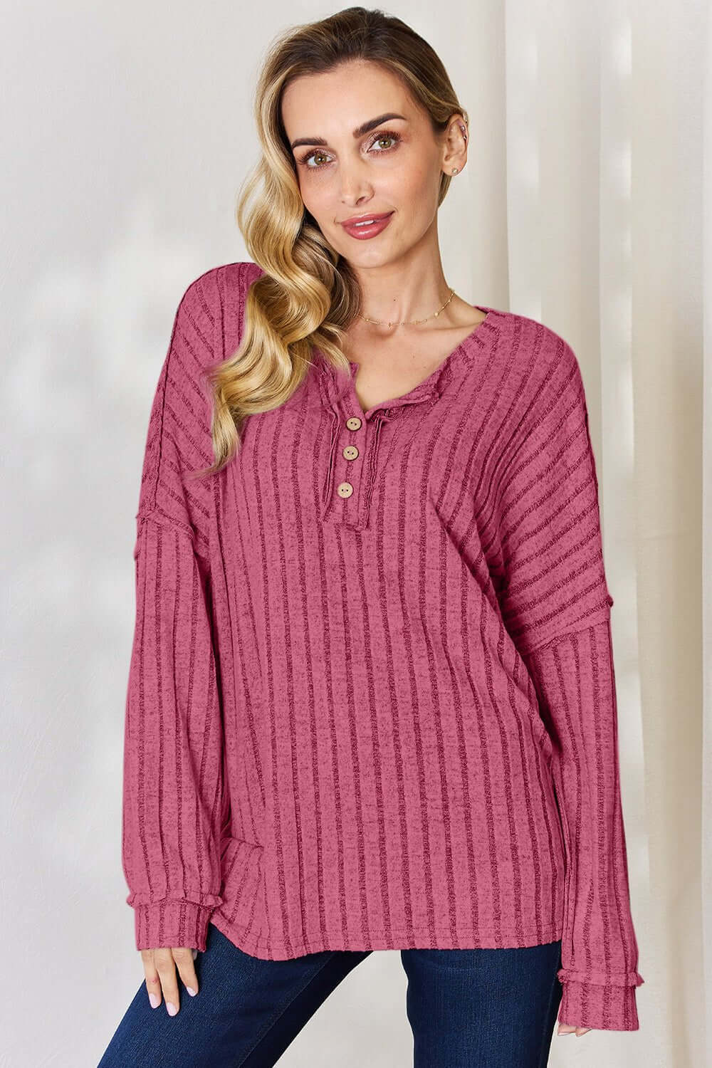 Basic Bae Ribbed Half Button Long Sleeve T for Style Hot Pink