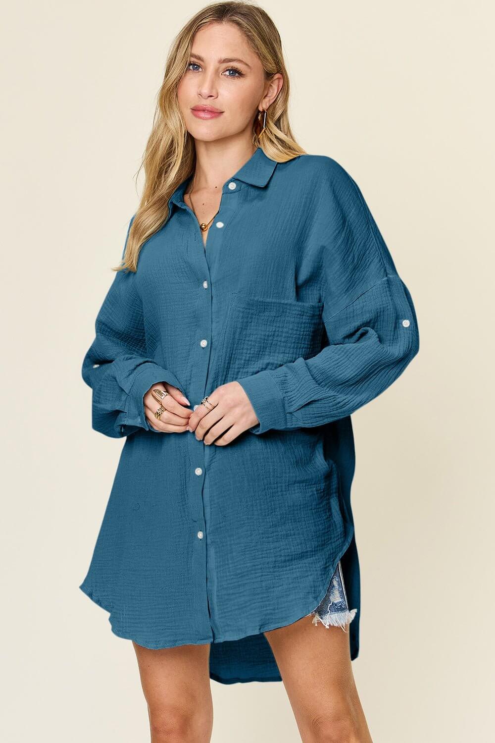 Double Take Full Size Pocketed Texture Button Up Shirt Dark Blue