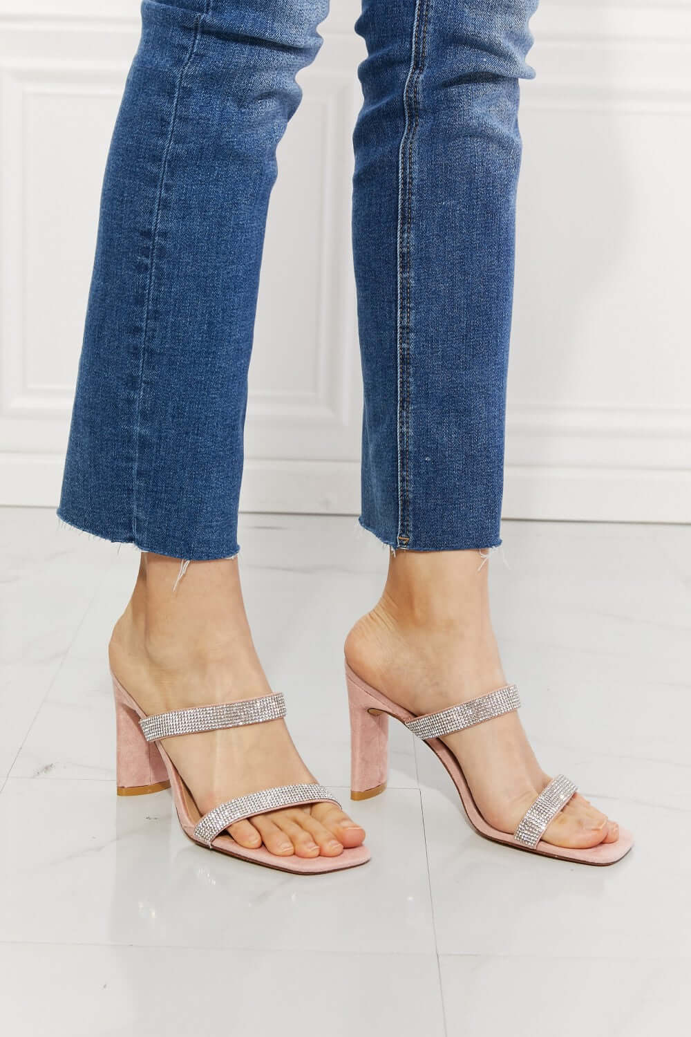 Sparkle in Pink: Rhinestone Block Heel Sandals