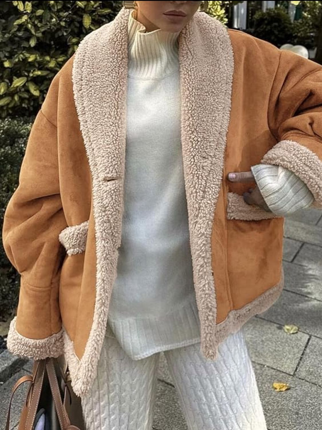 Fuzzy Collared Neck Long Sleeve Jacket Ochre