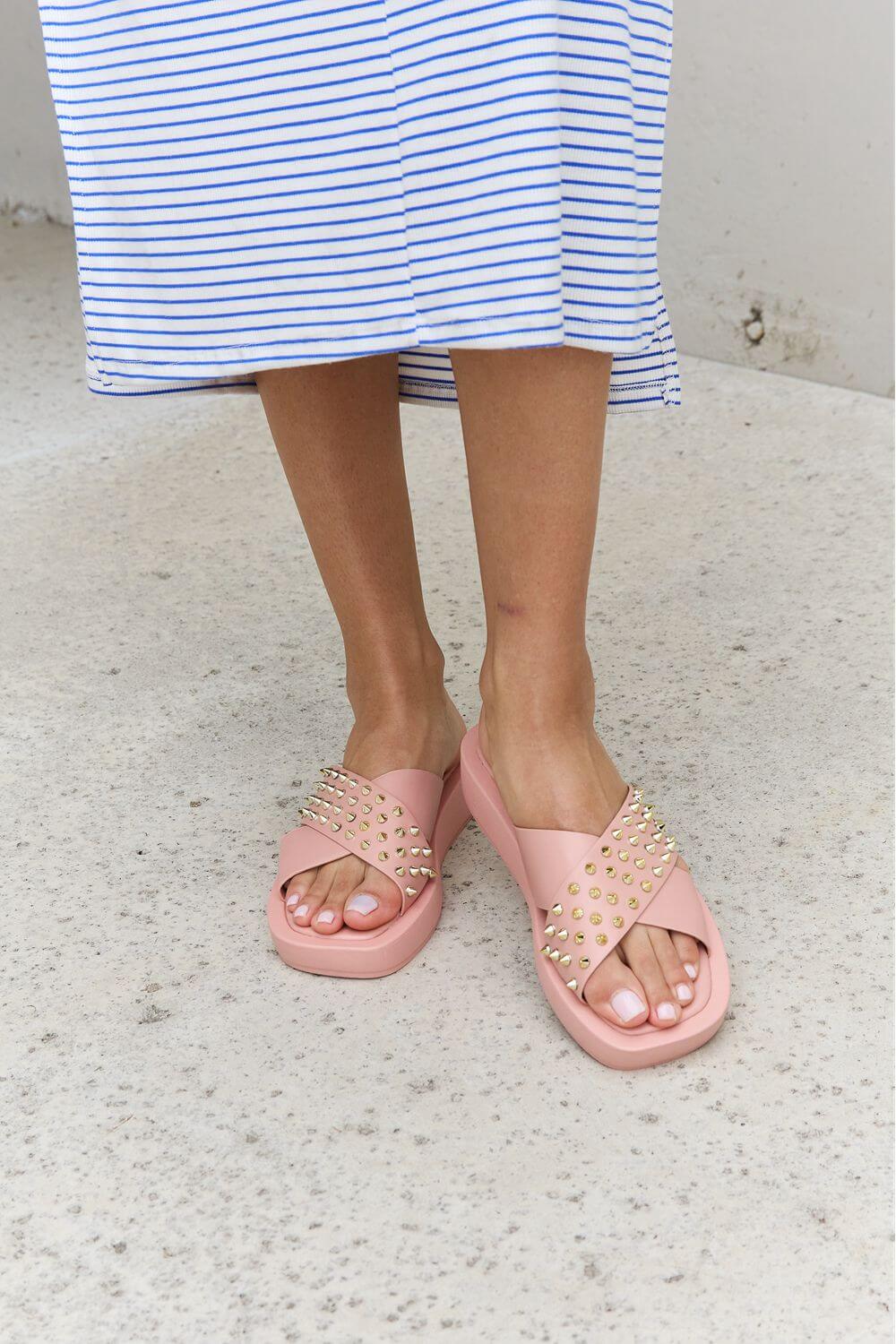 Forever Link Studded Cross Strap Sandals in Blush Blush