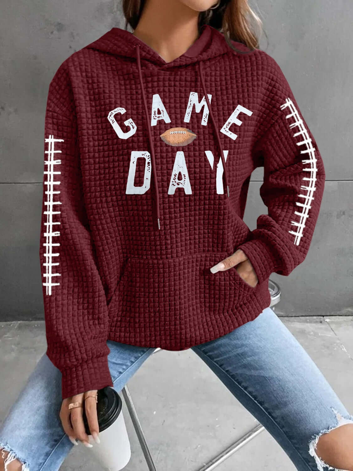 GAME DAY Football Drawstring Long Sleeve Hoodie Burgundy