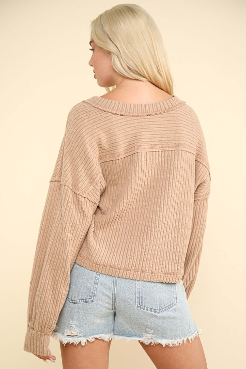 Shop Very J Exposed Seam V-Neck Ribbed Knit Top at Ferris Deals