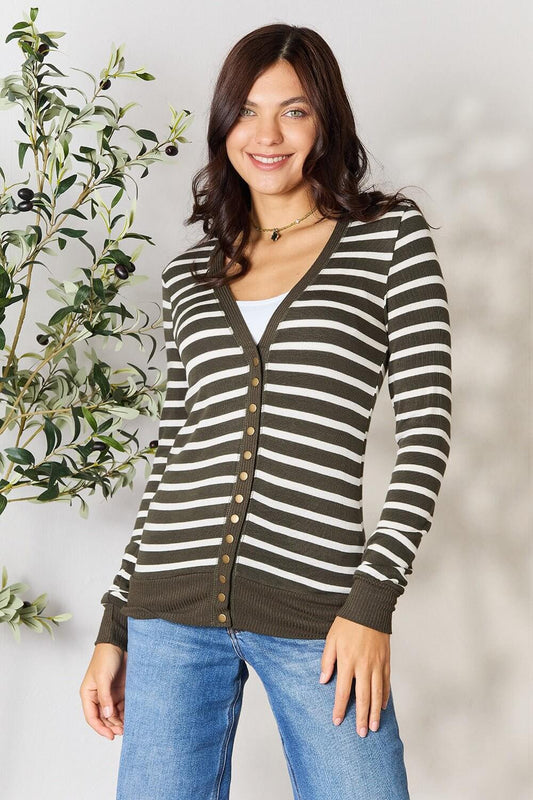 Zenana Full Size Striped Snap Down Cardigan Dark Olive Ivory