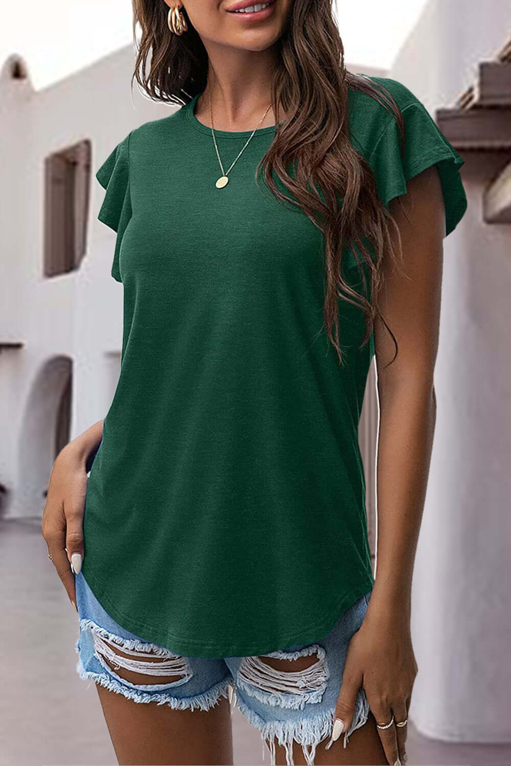 Ruffled Round Neck Cap Sleeve Blouse Dark Green