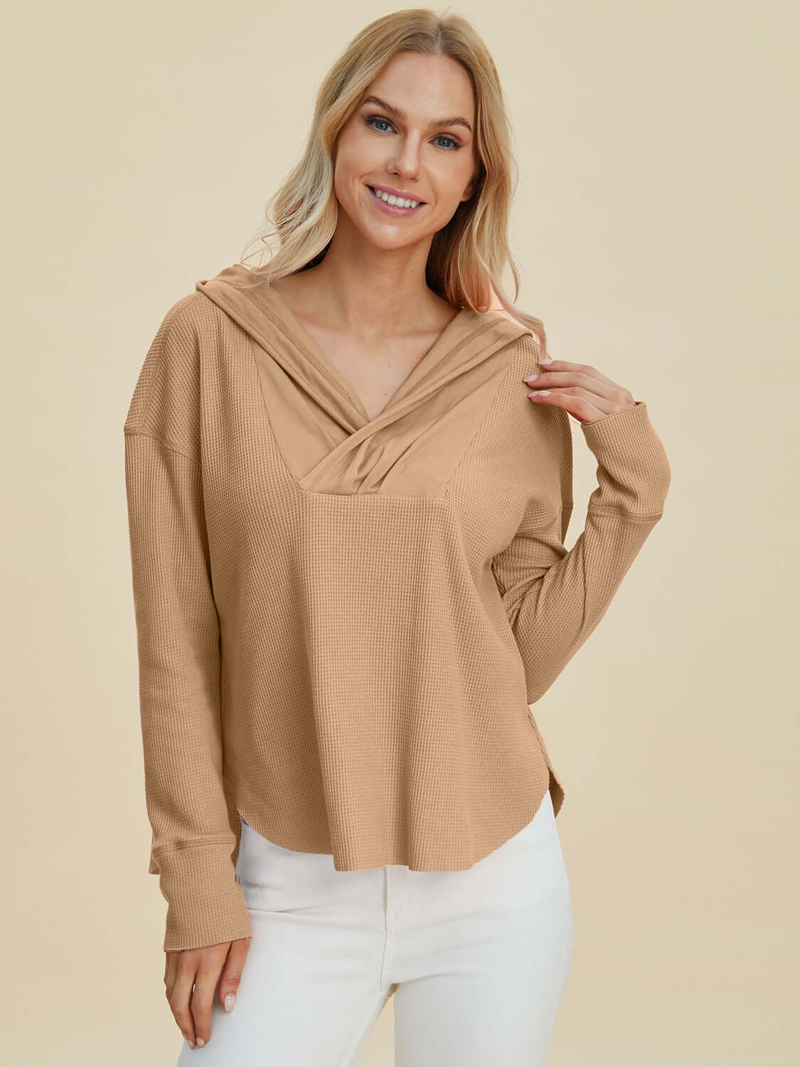 Full Size High-Low Dropped Shoulder Long Sleeve Hoodie Camel