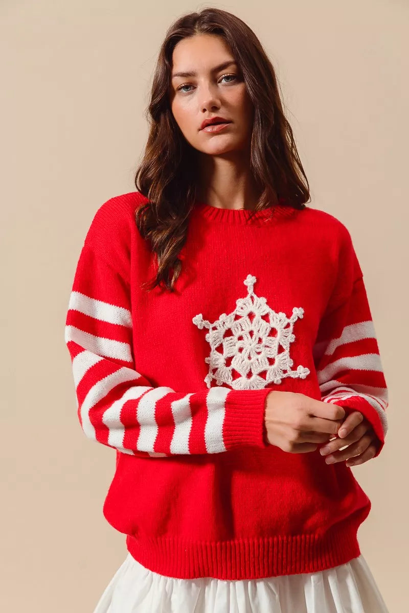 SO ME Christmas Snowflake Crochet Embellished Sweater