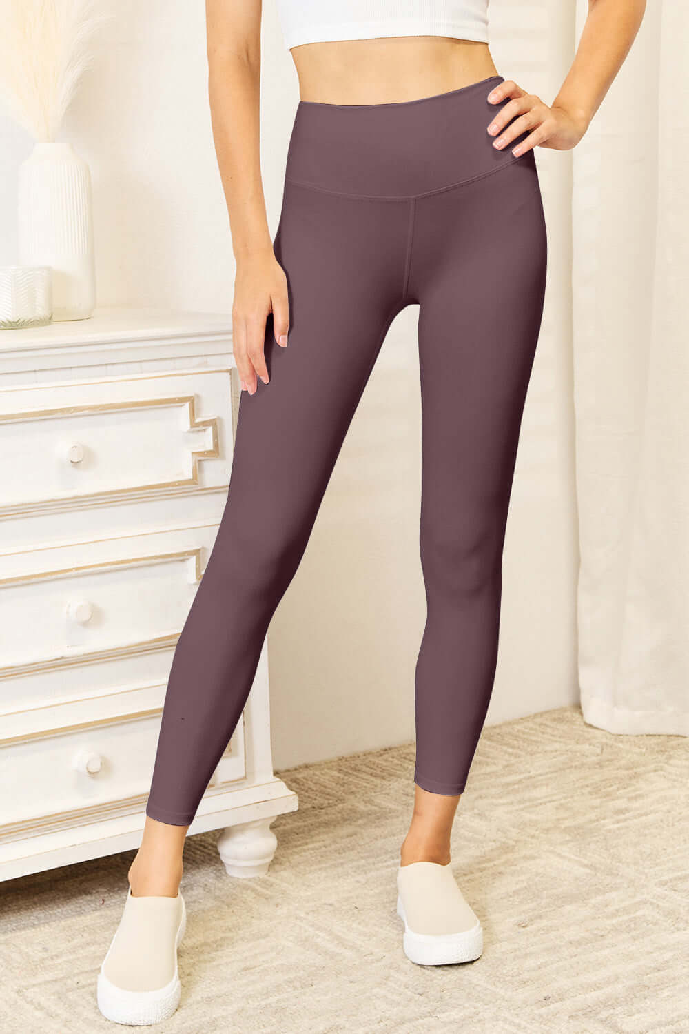 Double Take Wide Waistband Sports Leggings Chocolate