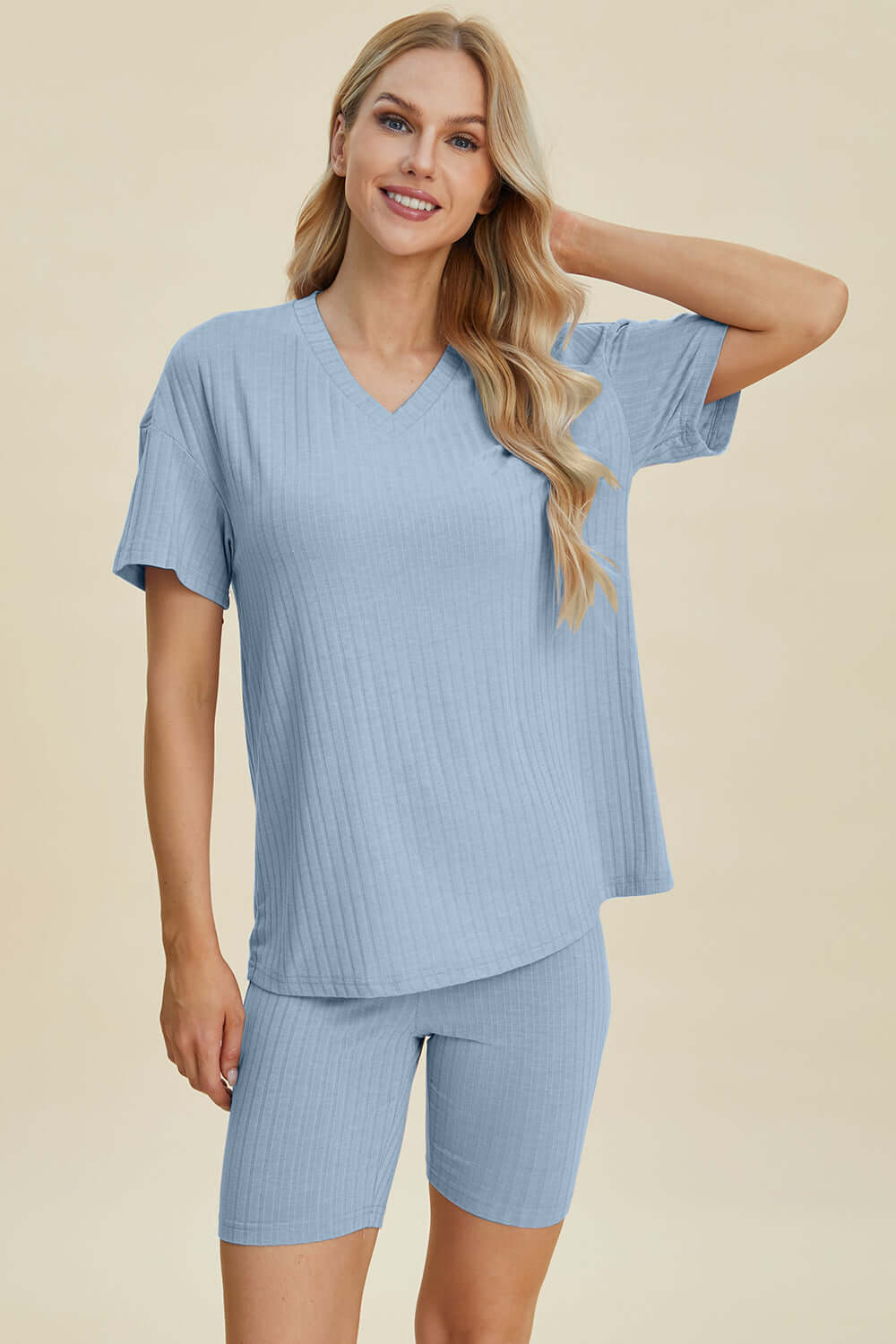 Stylish Ribbed V-Neck Top & Shorts Set for Everyday Wear