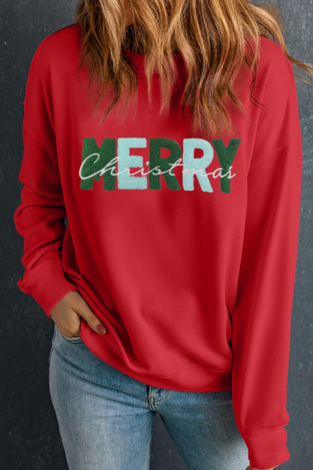 MERRY CHRISTMAS Contrast Long Sleeve Sweatshirt Deep Red