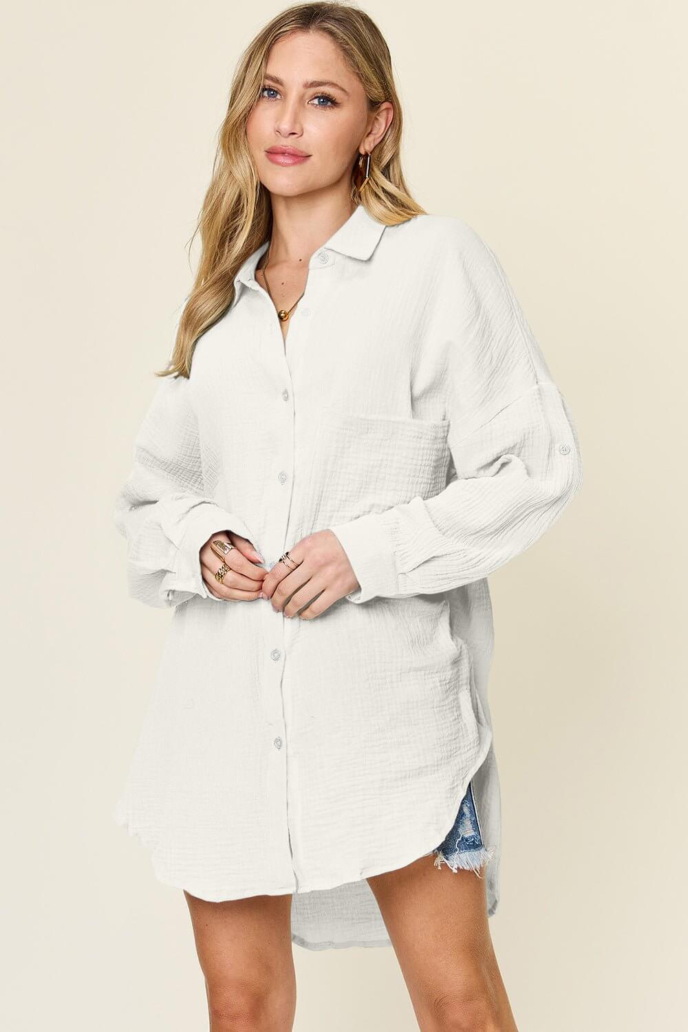 Double Take Full Size Pocketed Texture Button Up Shirt White