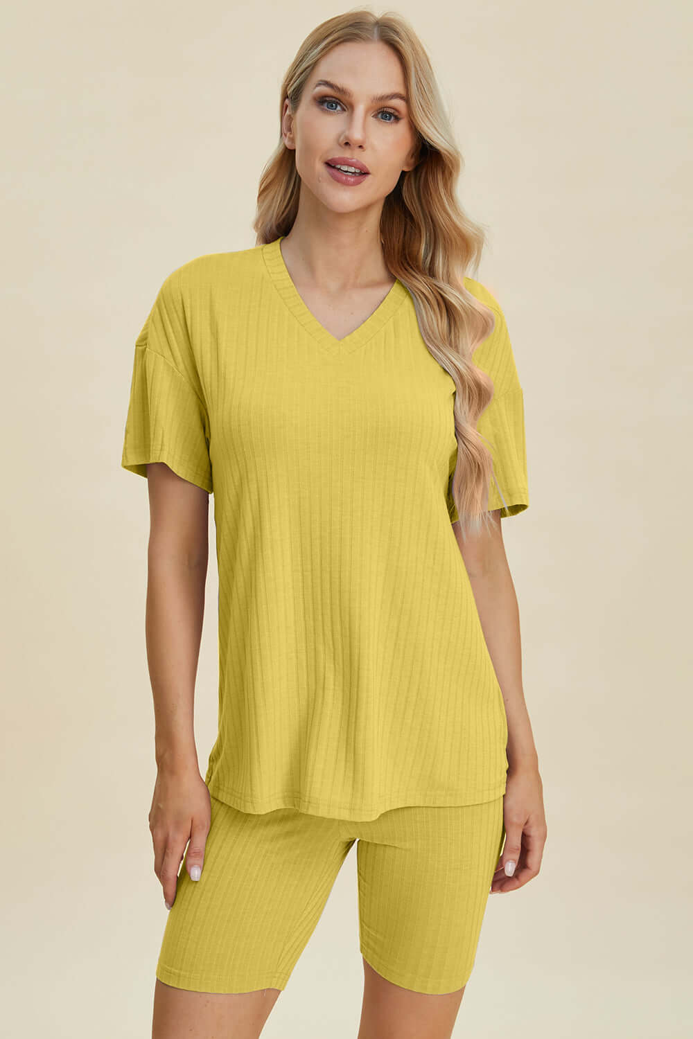 Stylish Ribbed V-Neck Top & Shorts Set for Everyday Wear Yellow